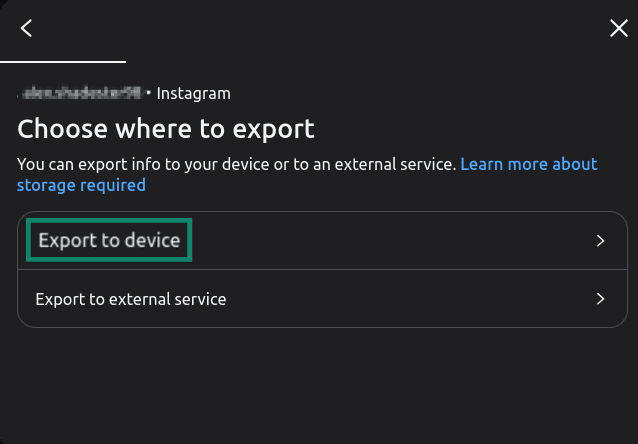 "Export to device" option highlighted in the Meta Accounts Center.