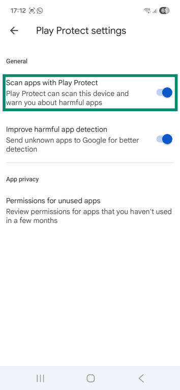 The "Play Protect settings" page on an Android phone. The "Scan apps with Play Protect" option is highlighted.