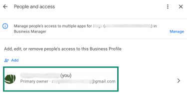 Selecting profile under the "People and access" section of the Google Business Profile settings.