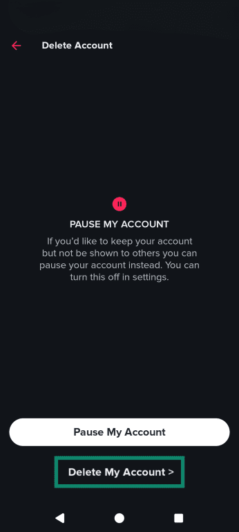 The Tinder settings menu on Android shows the option to pause or delete your account, with the delete option highlighted.