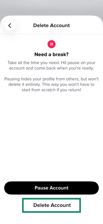 The Tinder iOS menu showing the difference between the pause and delete options, highlighting Delete Account.
