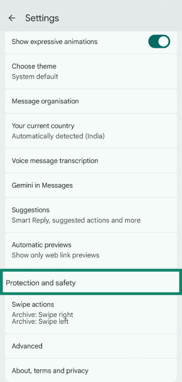 Google Messages settings with Protection and safety highlighted.