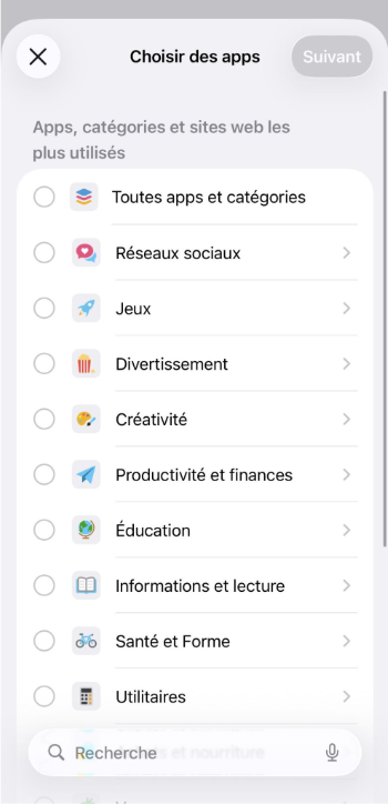 App category selection screen for setting daily limits.