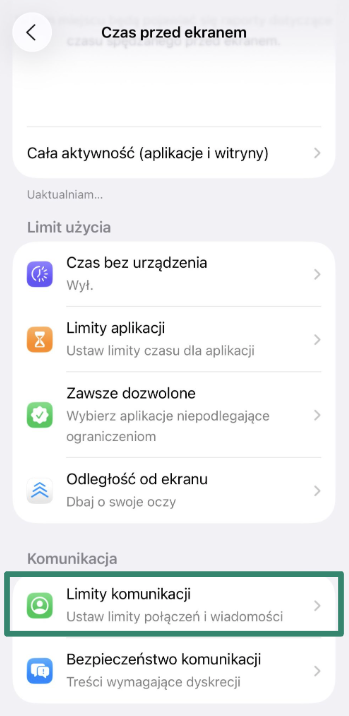 Communication Limits settings for child’s iPhone account.