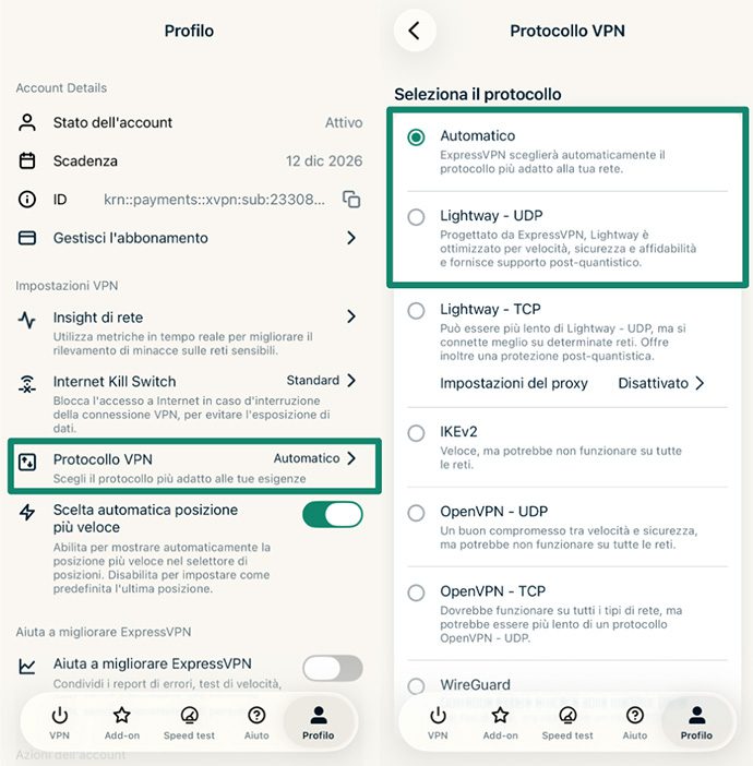 On the left: ExpressVPN profile settings showing account status, VPN protocol, and account actions; on the right: VPN Protocol settings screen with Automatic selected and Lightway protocol options displayed.