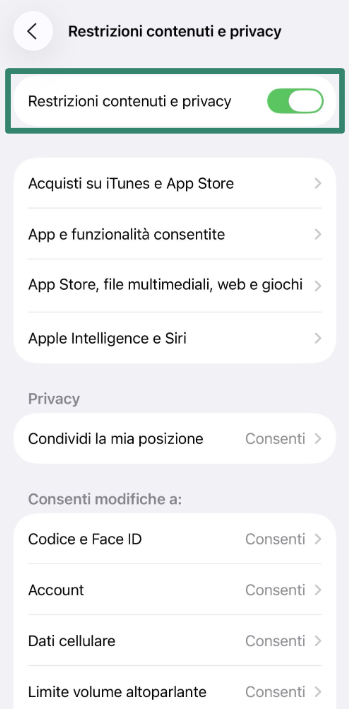 iOS screen showing Content & Privacy Restrictions toggled on.