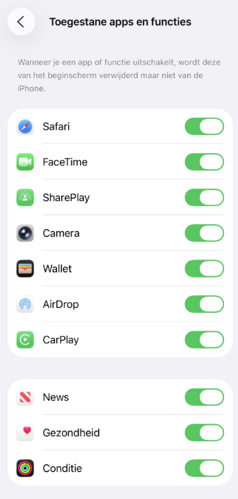 toggle settings for allowed apps and features on iPhone.