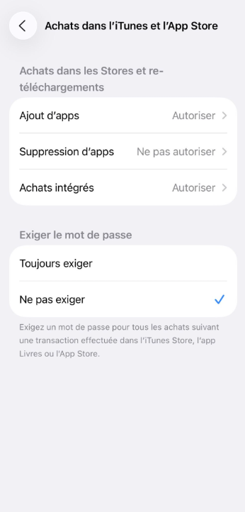 iTunes & App Store settings with app deletion disabled.