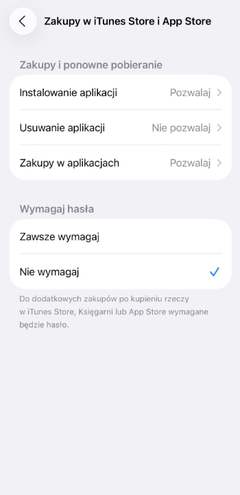 iTunes & App Store settings with app deletion disabled.