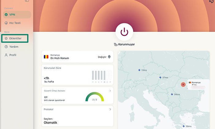 ExpressVPN macOS app with the "Add-ons" tab highlighted.