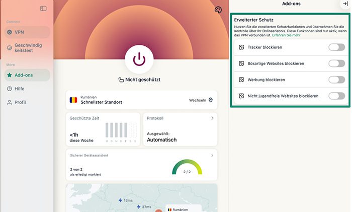 ExpressVPN macOS app with the Advanced Protection options highlighted in the Add-ons section. 