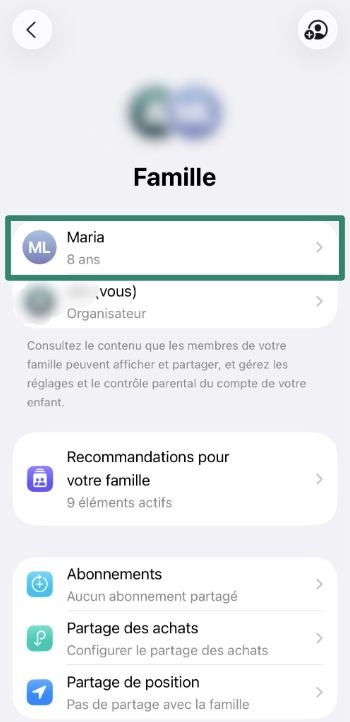 Family list with child’s name selected in iPhone Settings.