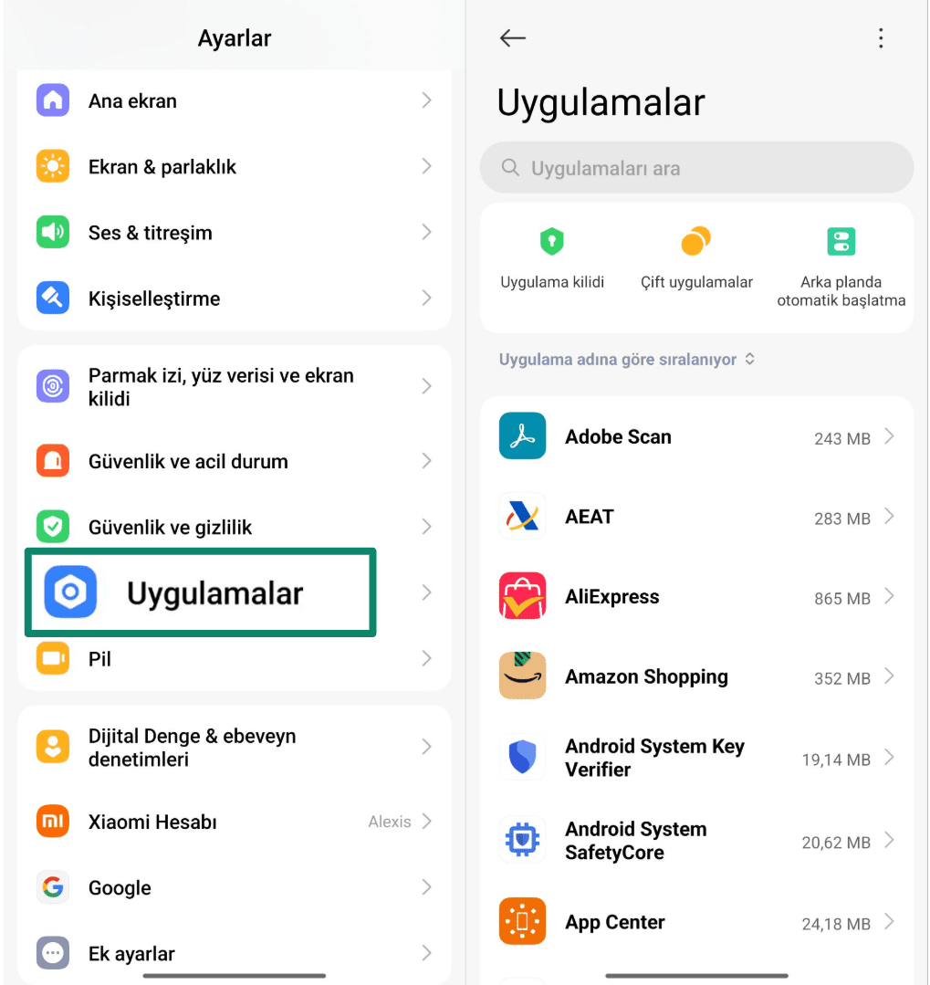 Android Settings screen highlighting the Apps menu option.