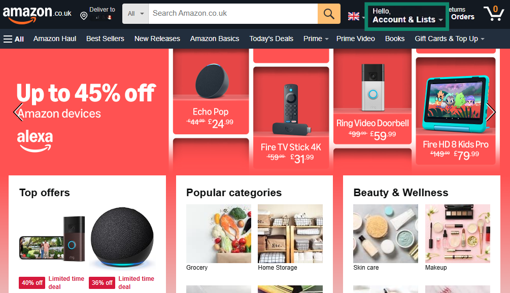 Accessing the Account & Lists menu on Amazon for desktop.
