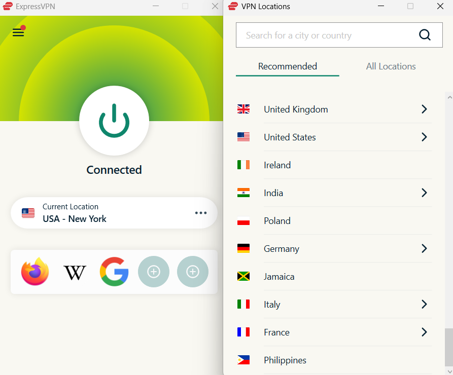 Connecting to a preferred ExpressVPN server on Windows.
