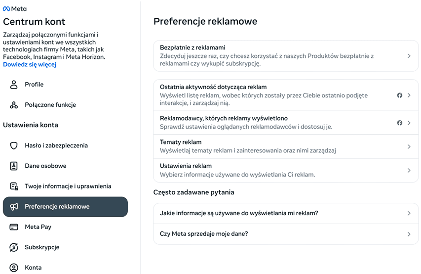 Facebook Ad preferences settings.