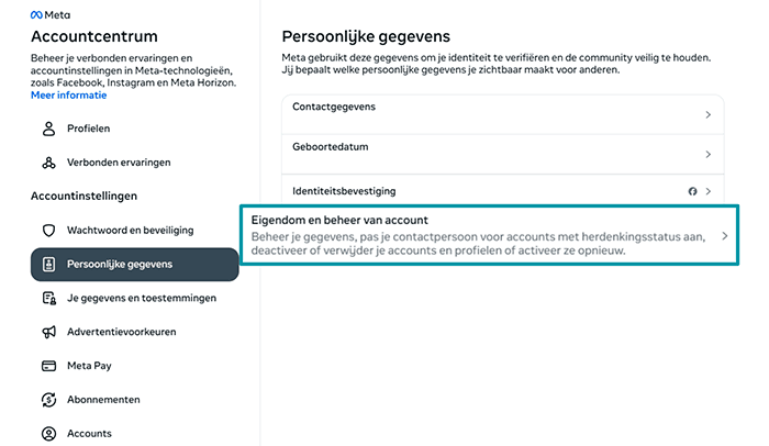 Facebook Accounts Centre Personal details tab with Account ownership and control highlighted.