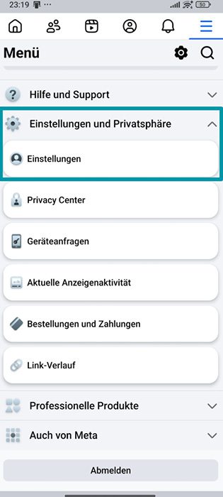 Facebook Android app Menu with Settings & privacy and Settings highlighted.