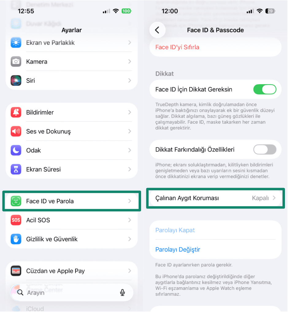 Two side-by-side screenshots of iPhone Settings. The left screenshot highlights 