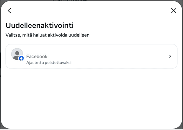 Facebook screen for selecting an additional profile to reactivate.