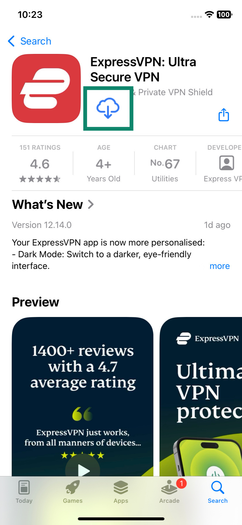 Screenshot of the ExpressVPN app in the App Store, with the “Get” button highlighted to show how to install the app on your phone.