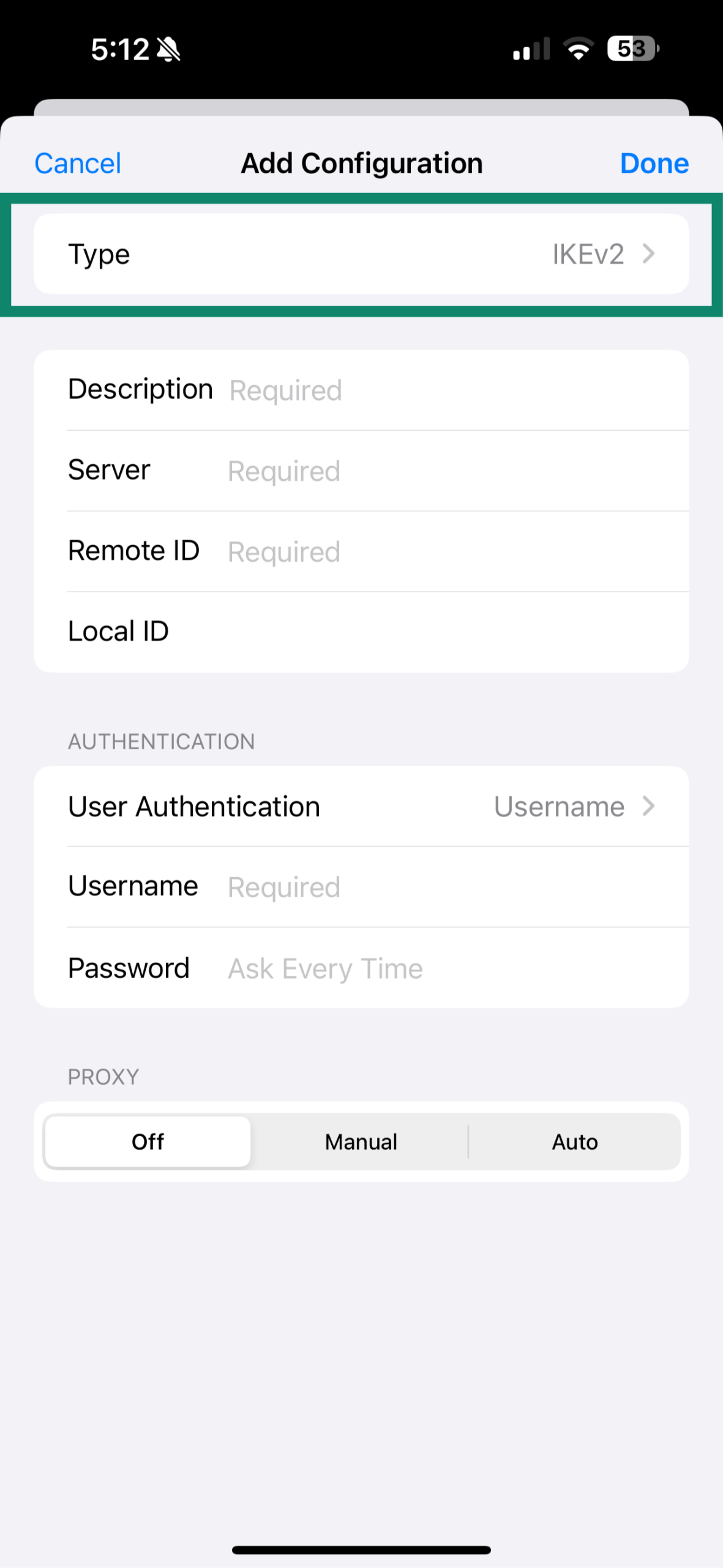 L2TP selected in Add VPN Configuration screen on iPhone.
