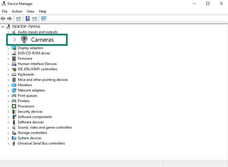 Image showing how to locate Cameras in Windows Device Manager.