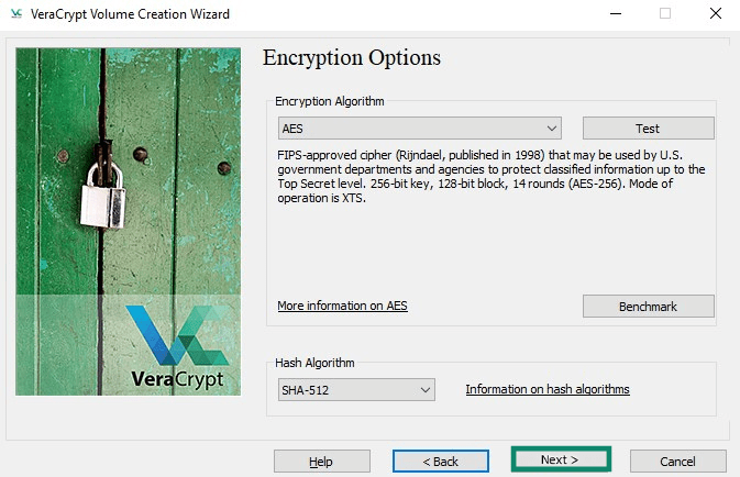 VeraCrypt Volume Creation Wizard Encryption Options screen with the Next button highlighted.