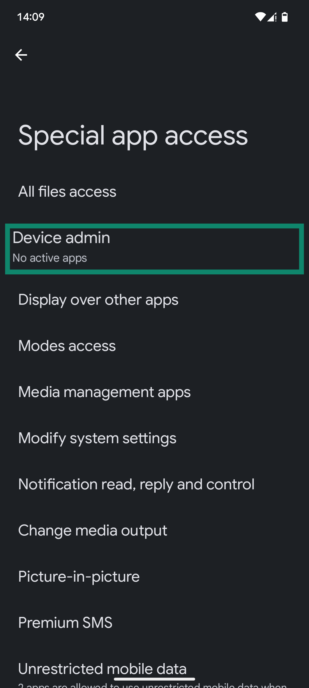 The Special app access menu of the Android app settings, with the "Device admin" option highlighted.