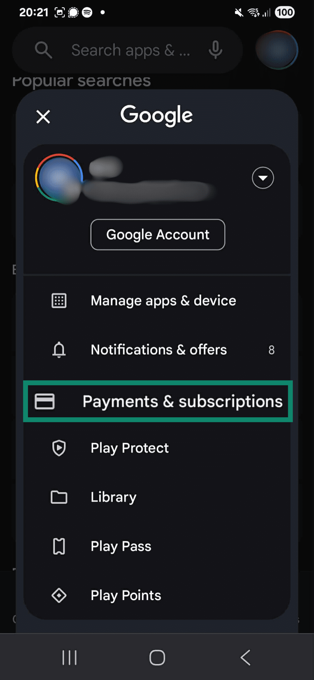 A screenshot showing how to access subscriptions within the Google Play Store.