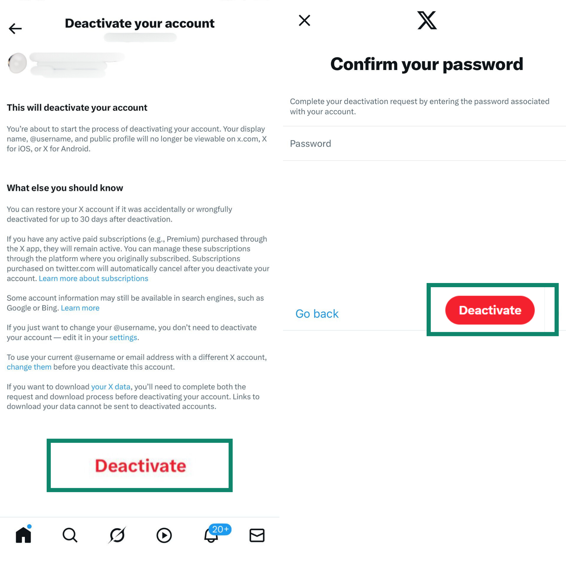 Two side-by-side screenshots of the final steps to disable an X account on a iPhone. Pierwszy pokazuje stronę informacyjną z podświetlonym czerwonym przyciskiem „Dezaktywuj”. Druga pokazuje ekran potwierdzenia hasła z podświetlonym również przyciskiem ostatecznego 