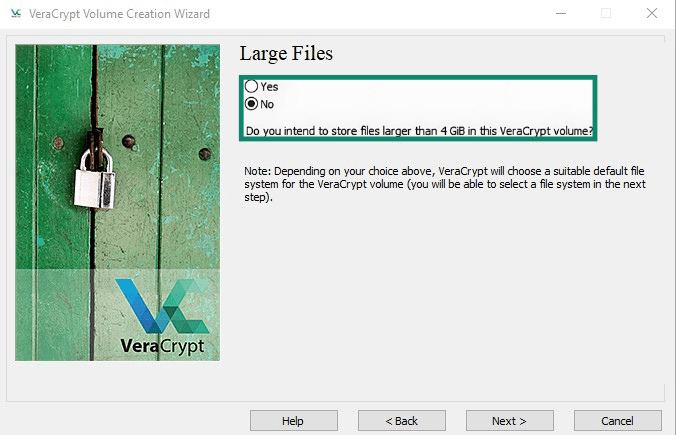 VeraCrypt Volume Creation Wizard Large Files screen with the two options highlighted.