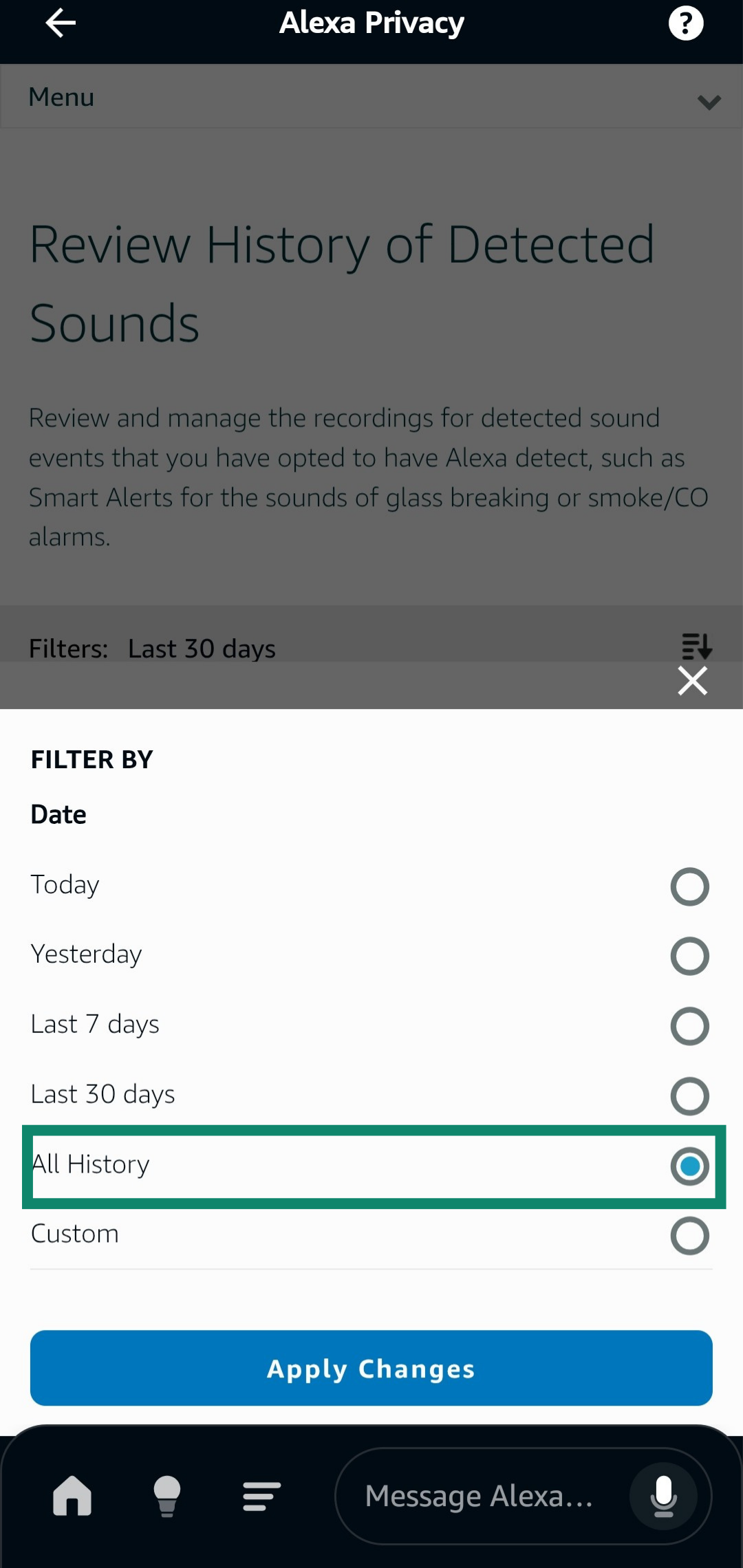 Choosing All History in the History of Detected Sounds menu of the Amazon Alexa app.