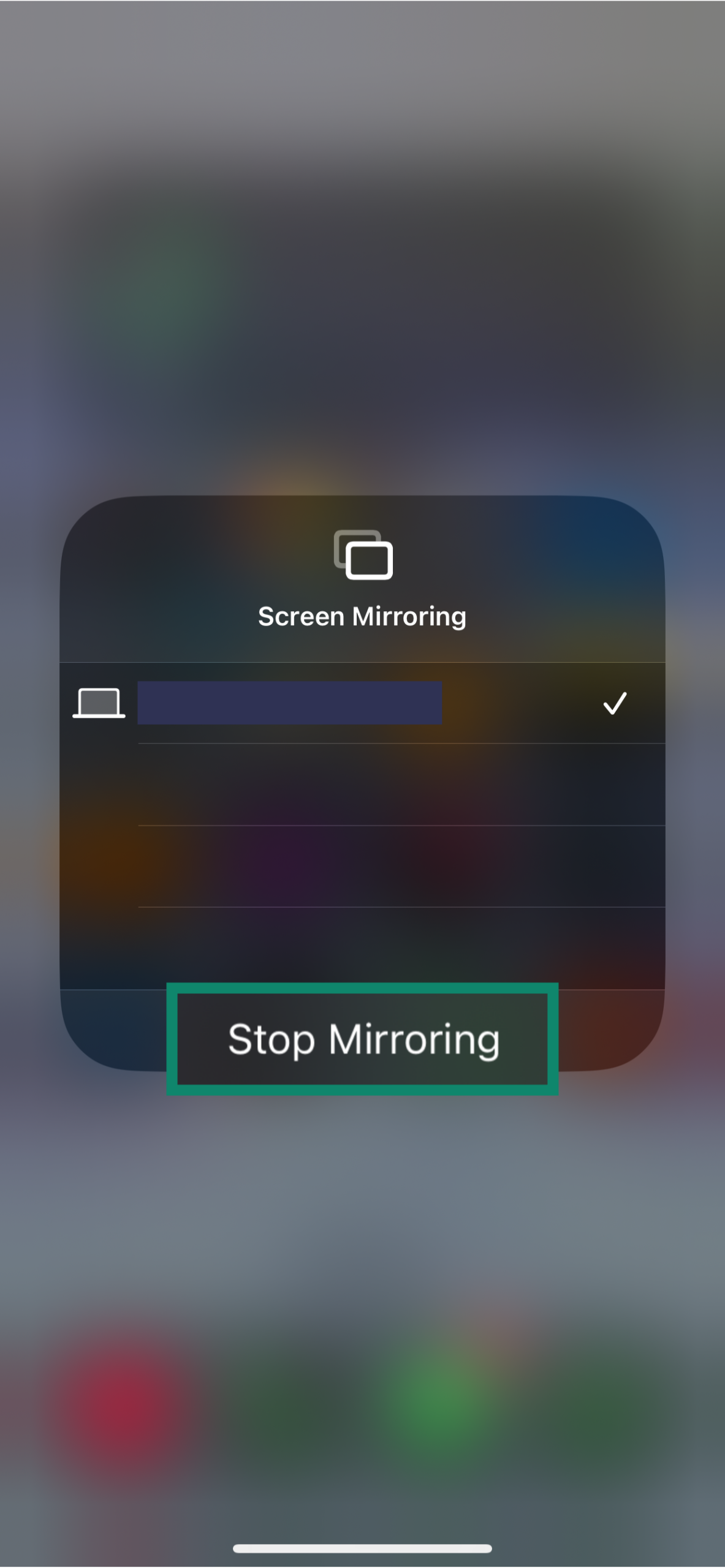 The Screen Mirroring menu of an iPhone, showing the option to stop mirroring.
