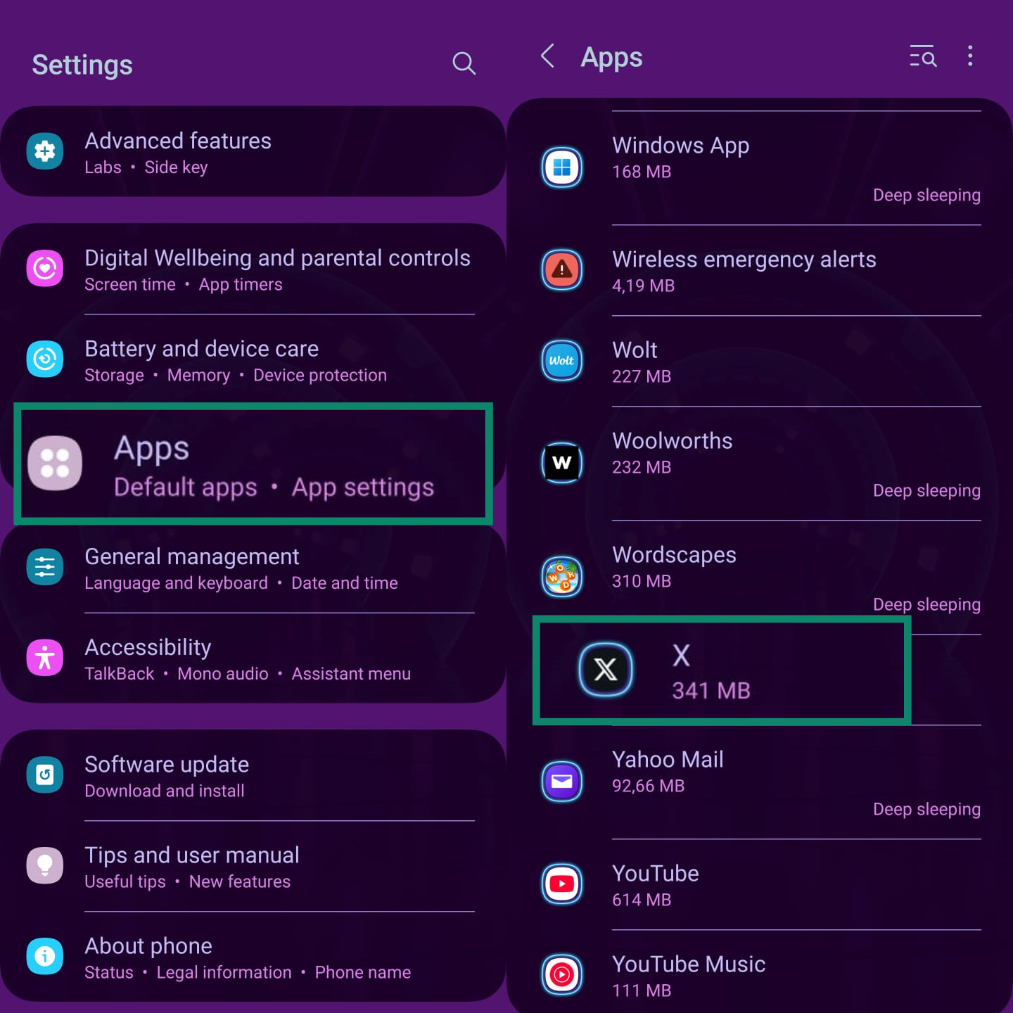 Two side-by-side screenshots of an Android settings menu. Pierwszy pokazuje główne ustawienia dla wybranej opcji „Aplikacje”, a drugi pokazuje aplikację 