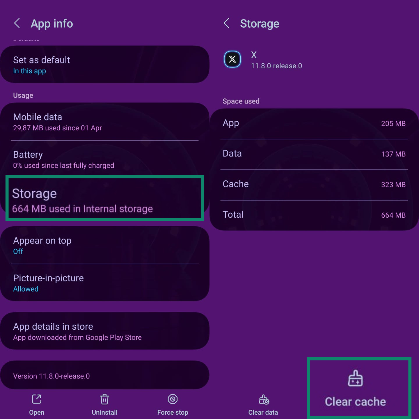 Two side-by-side screenshots showing how to clear the cache for the X app on Android. Pierwszy pokazuje opcję „Pamięć” w informacjach o aplikacji, a drugi pokazuje przycisk „Wyczyść pamięć podręczną” na ekranie Pamięć.
