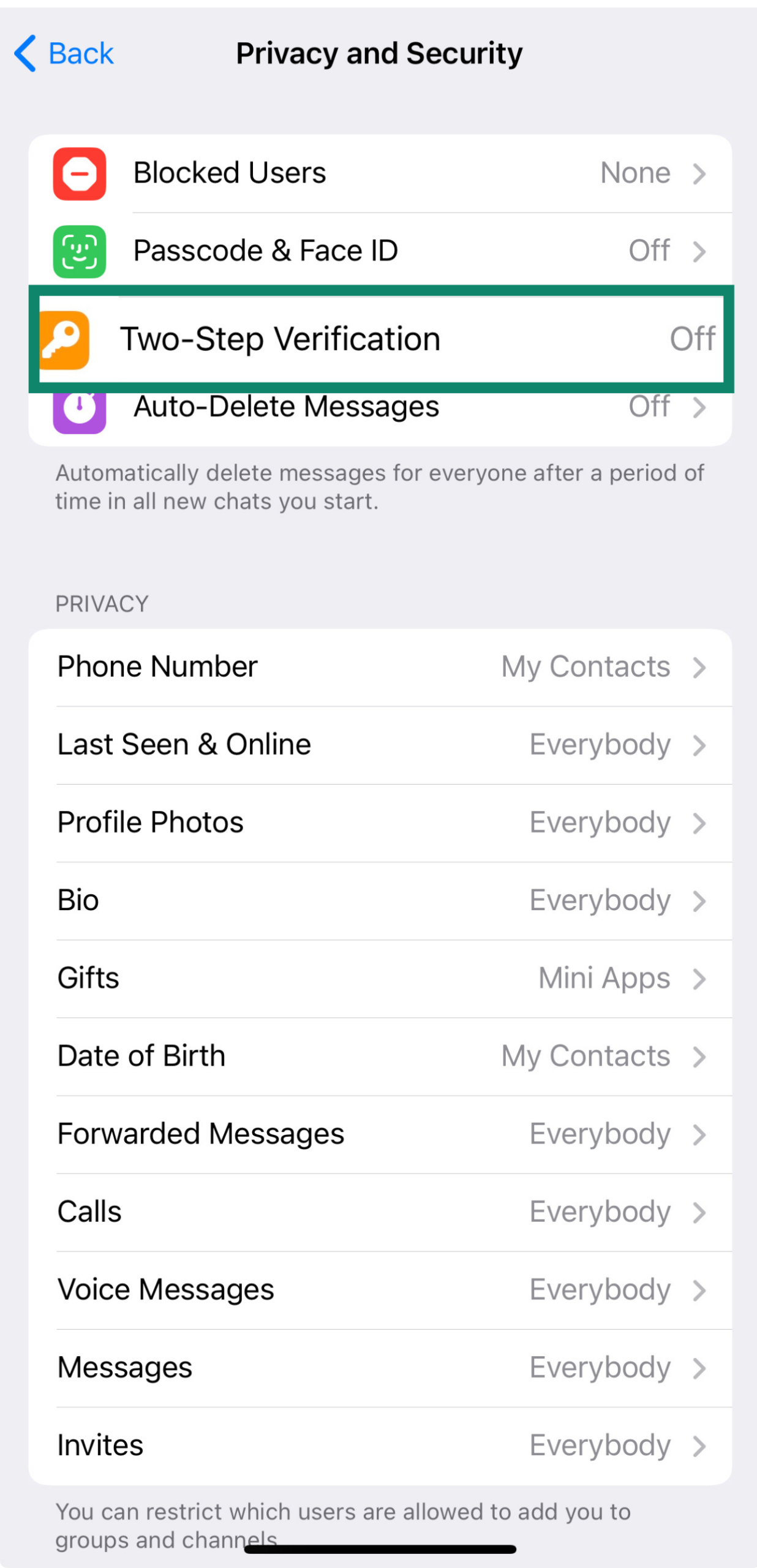 Telegram's Privacy and Security settings highlighting Two-Step Verification.