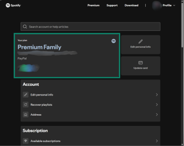 A screenshot of a Spotify account page showing the user's current plan.
