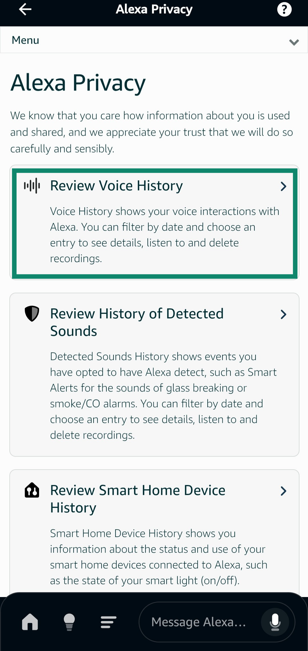 Accessing the Review Voice History menu through Alexa Privacy settings.