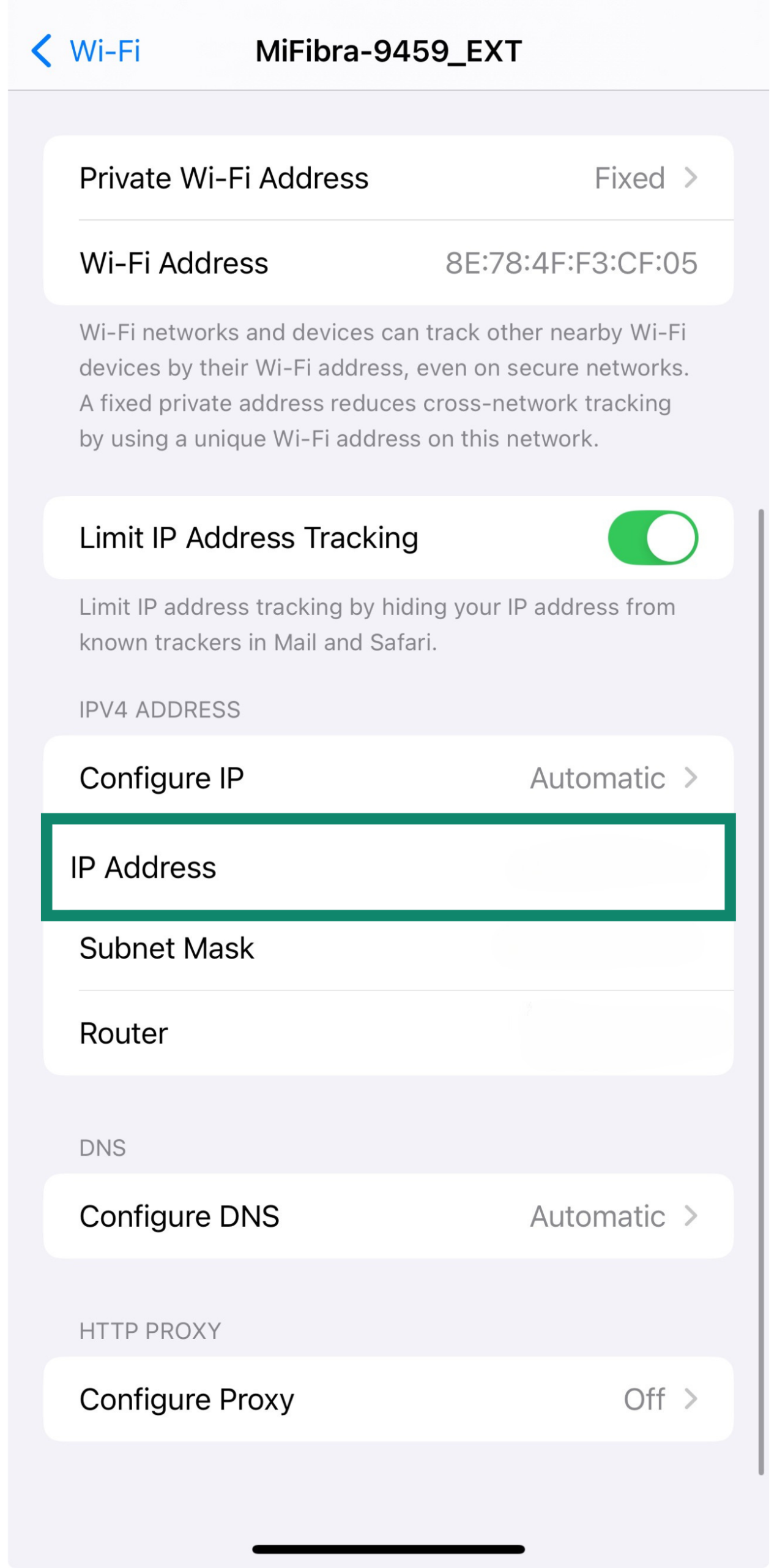 WiFi network options on iPhone with IP address and router info