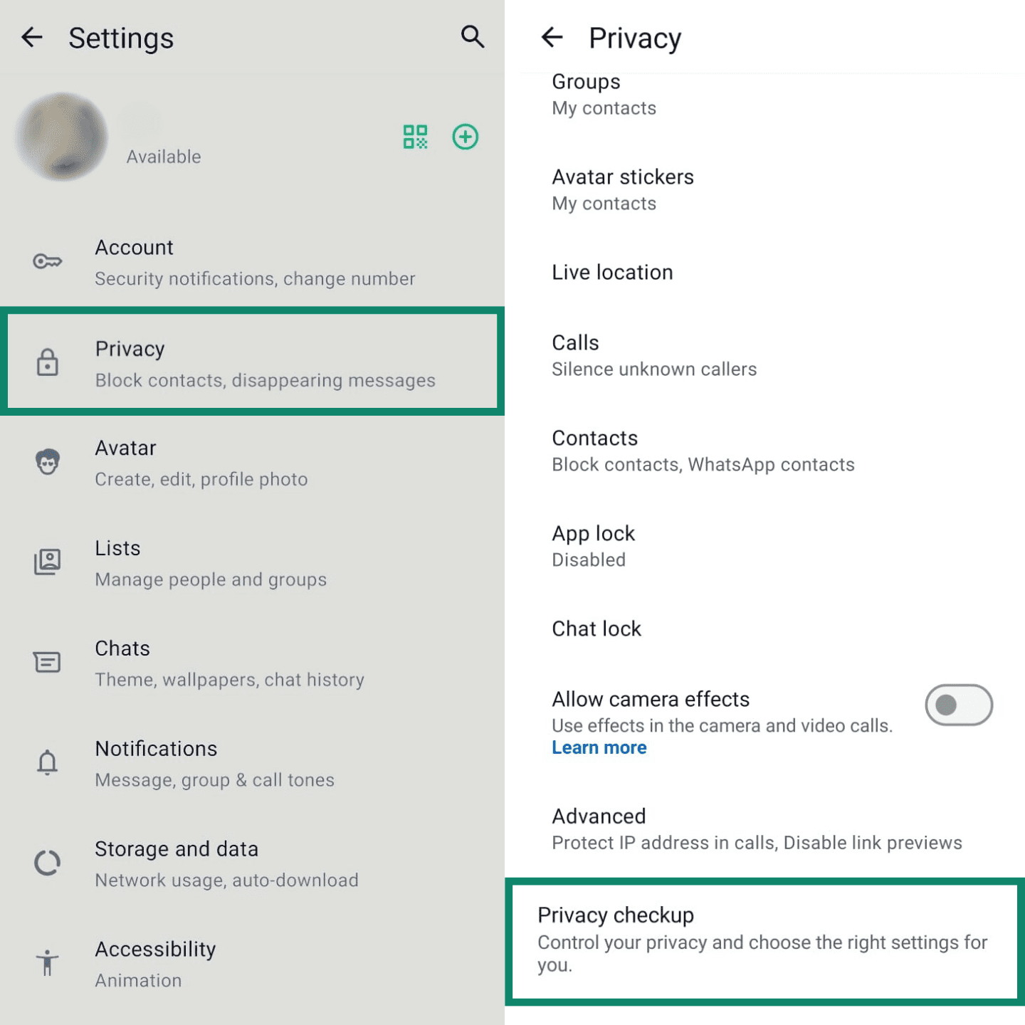 Two side-by-side screenshots showing how to find the Privacy Checkup feature. The first shows the ‘Privacy’ menu selected from Settings. The second shows the ‘Privacy checkup’ option at the bottom of the Privacy screen.