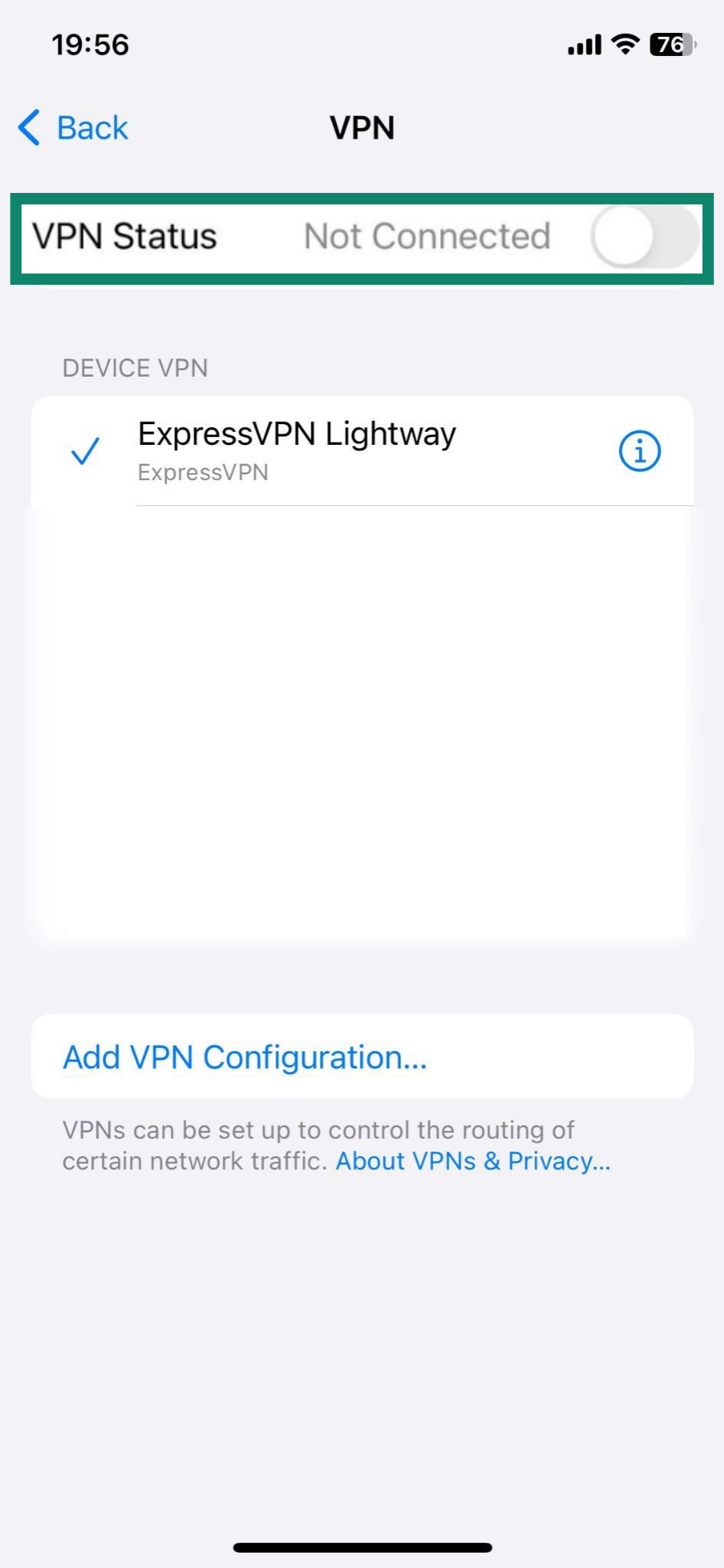 Screenshot of the iPhone VPN menu, with the “VPN Status” option visible and highlighted.