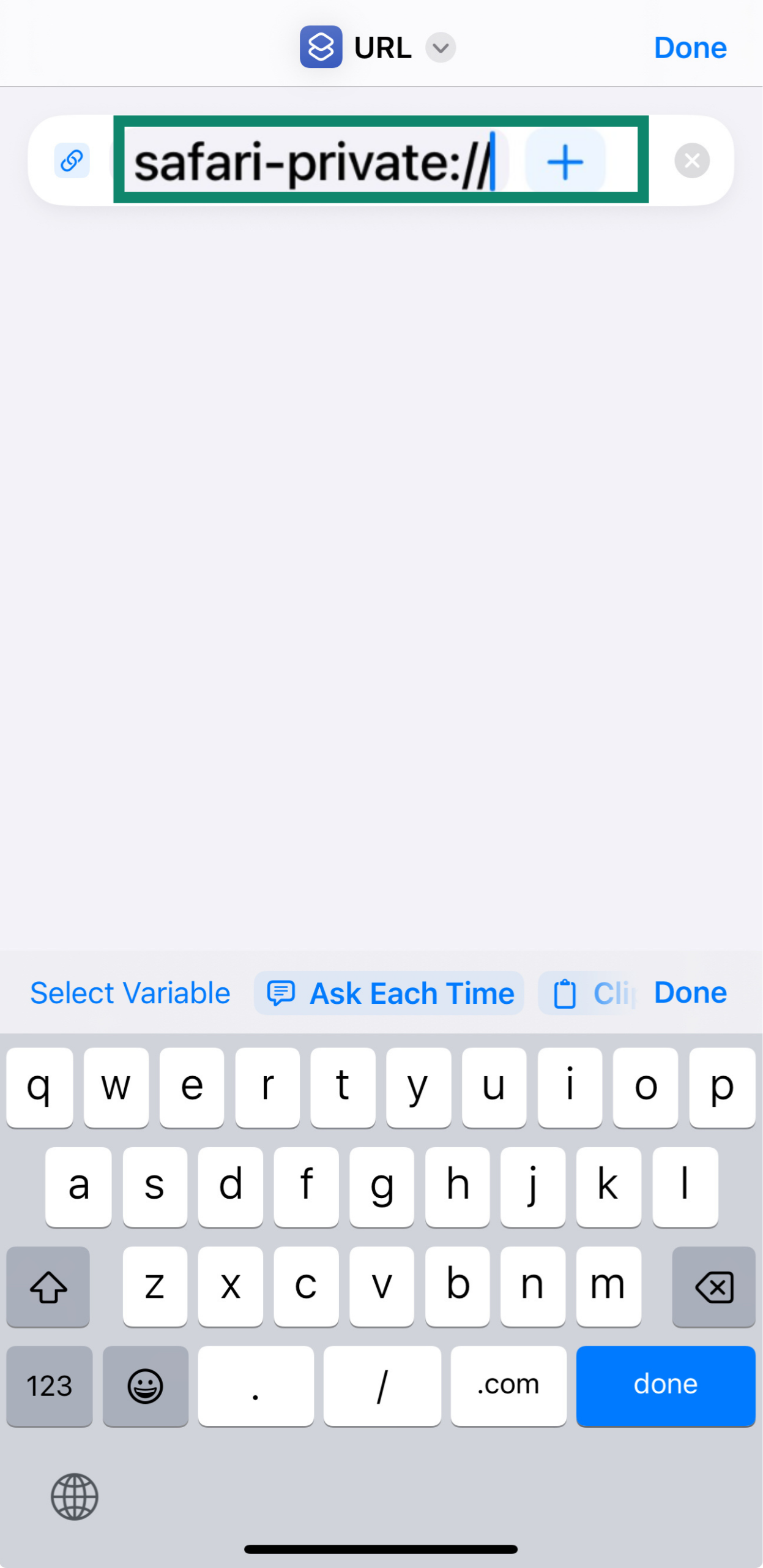 The safari-private:// URL in the Shortcuts app.