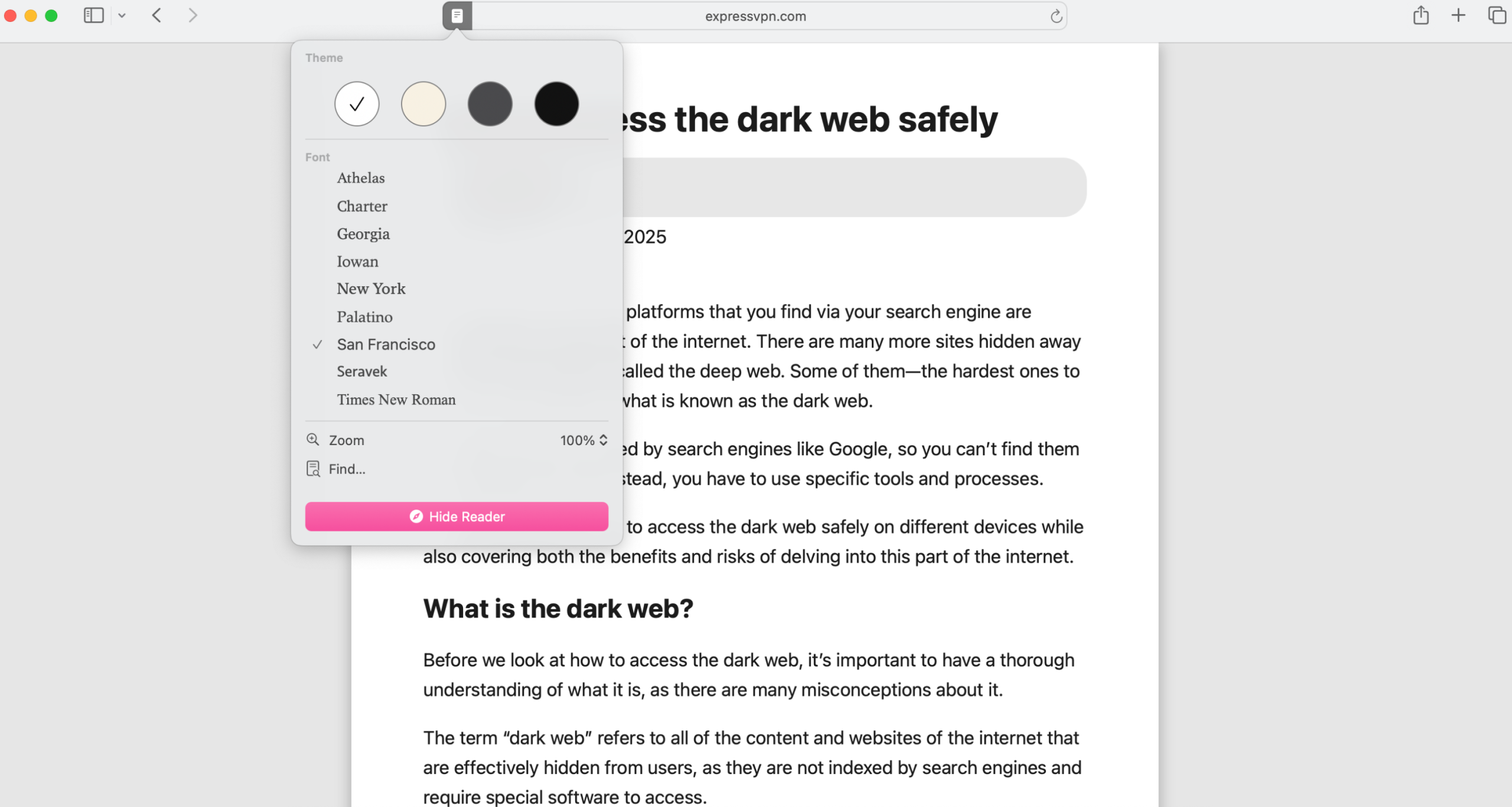 Screen showing how to adjust reader mode settings in Safari.