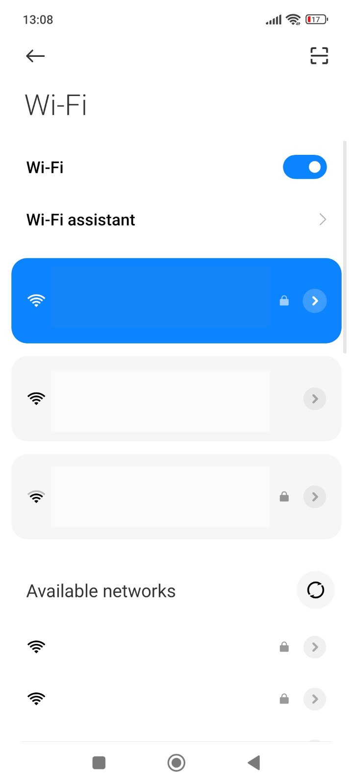 The Wi-Fi screen of the Android Settings menu, showing the list of available networks.