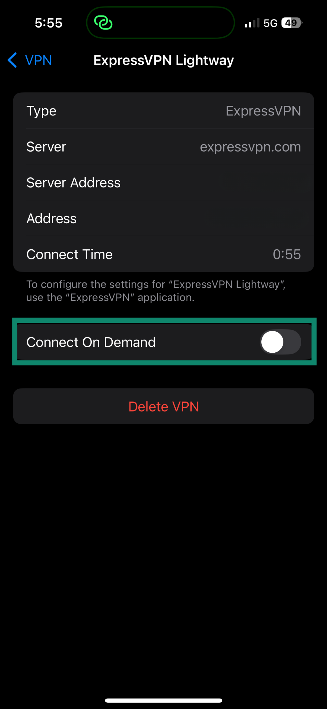 ExpressVPN configuration screen on iPhone showing the “Connect On Demand” toggle, with the option turned off.
