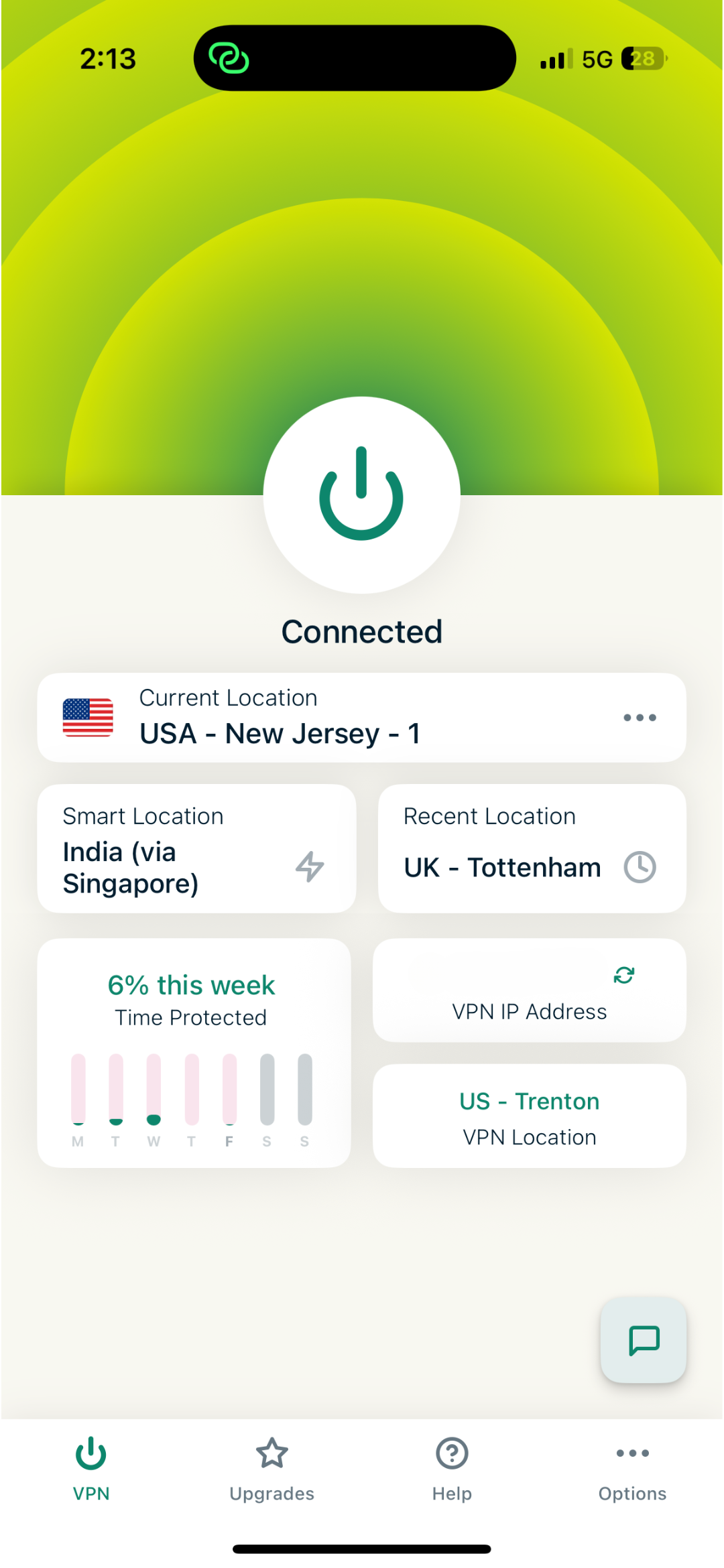 ExpressVPN's iOS app with an active VPN connection.
