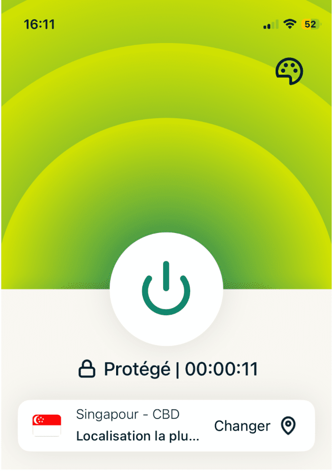 A screenshot of the ExpressVPN app, showing an active VPN connection.