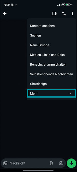 A screenshot of the WhatsApp app, showing the settings menu and More option.