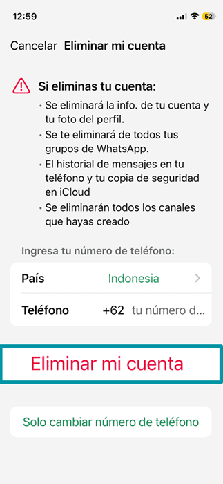 The Delete account page of the WhatsApp app on iPhone.